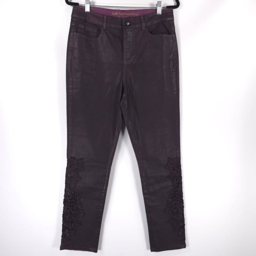 Soft Surroundings Straight Leg Ankle Coated Pants Lace Appliqué Size 10